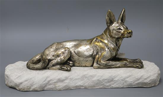 An Art Deco silver plated bronze model of a dog on marble base, signed H. Payen length 44cm
